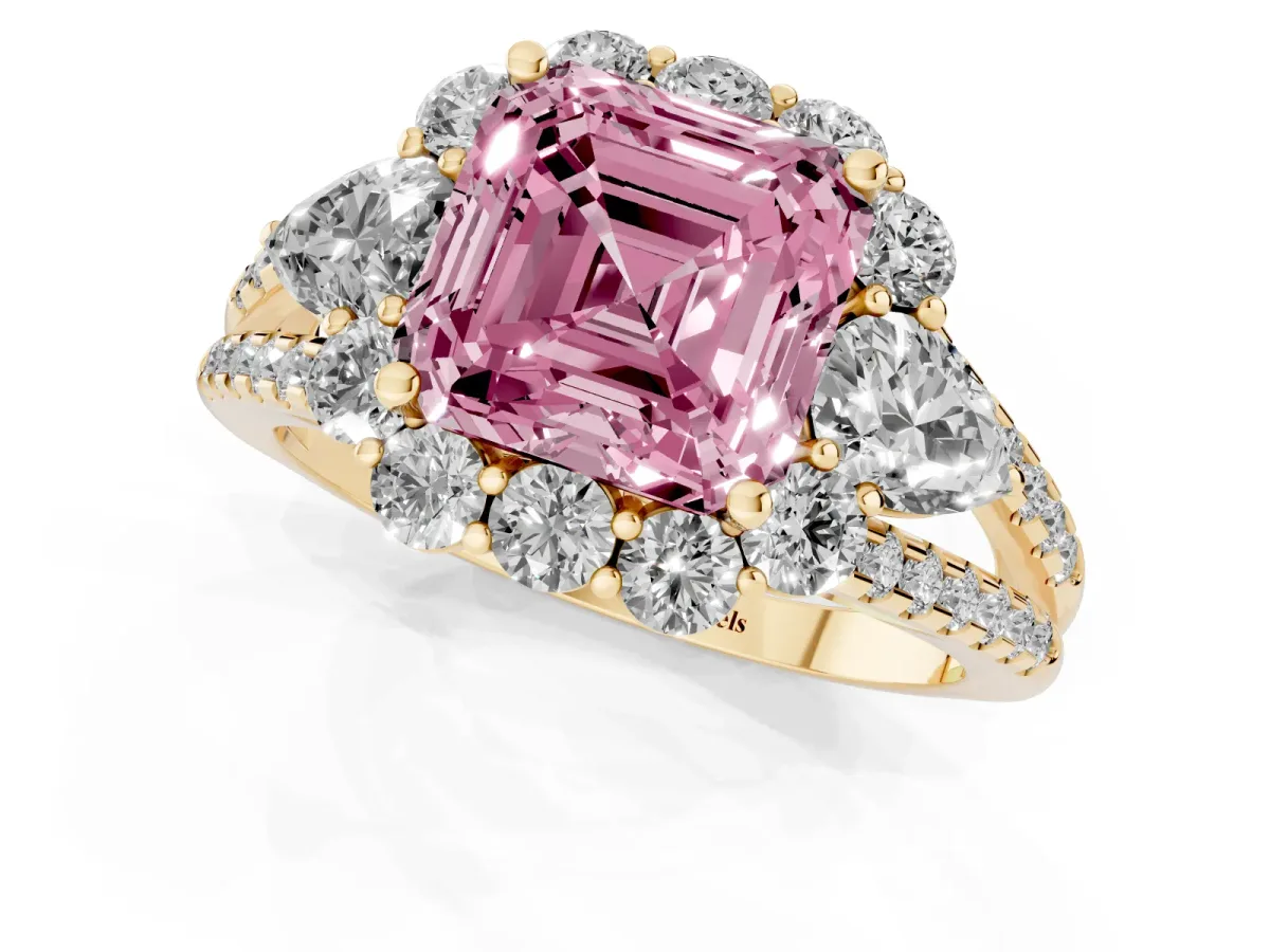 Fancy Pink Asscher Cut Halo Split Shank Diamond Engagement Ring with Prong Setting Yellow gold