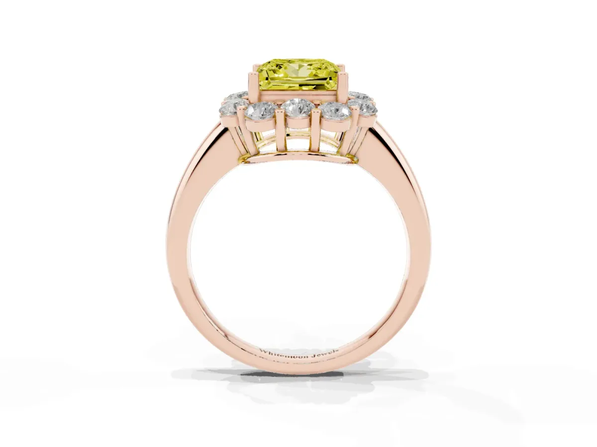 Fancy Yellow Princess Cut Halo Milgrain Solitaire with Bezel Set Side Stones and Pave Band Rose gold