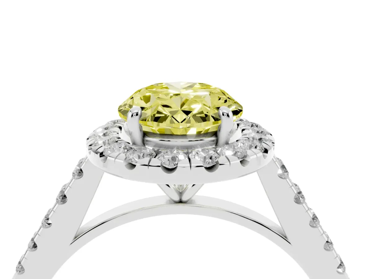 Fancy Yellow Oval Cut Halo Pave Diamond Engagement Ring with Four-Prong Setting Silver