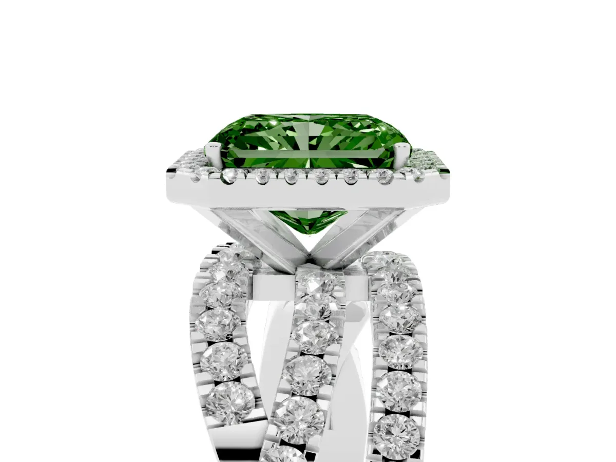 Fancy Green Radiant Cut Diamond Halo Ring with Round Split Shank and Prong Setting Silver