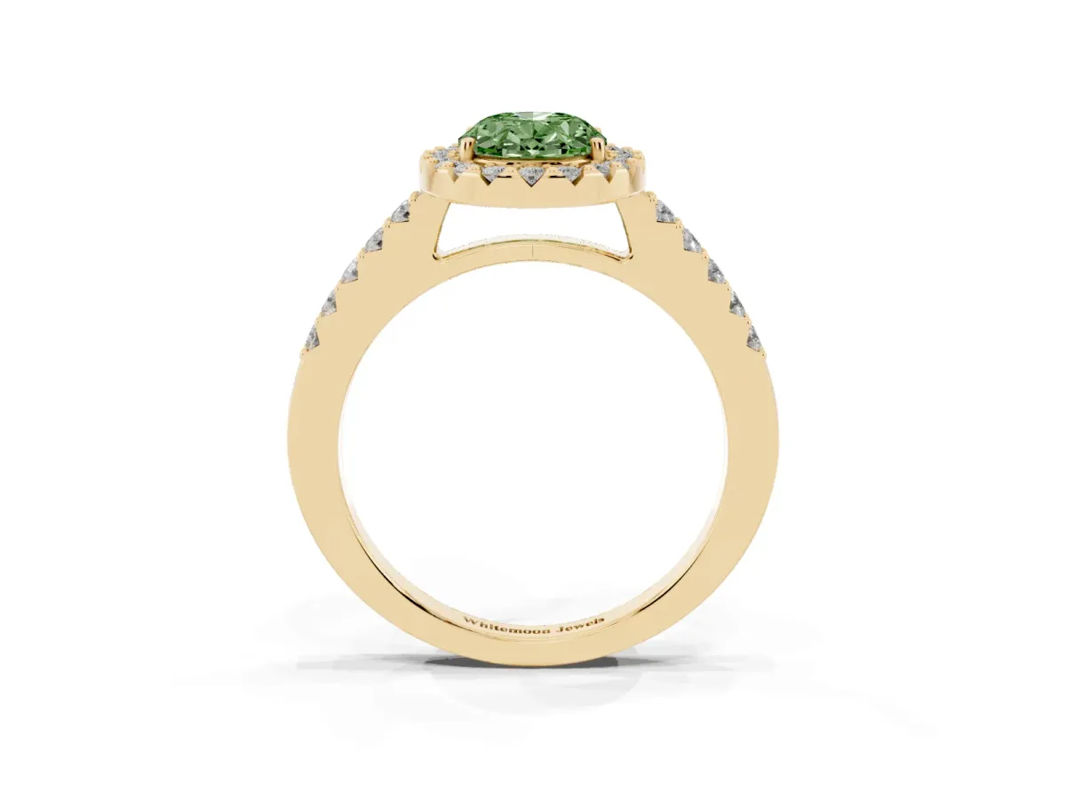 Fancy Green Oval Cut Halo Diamond Pavé Solitaire Ring Yellow gold