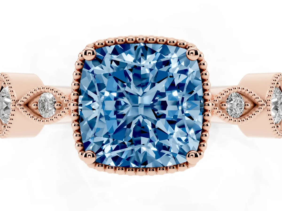 Fancy Blue Cushion Cut Diamond Vintage Milgrain Ring with Round Stations Rose gold