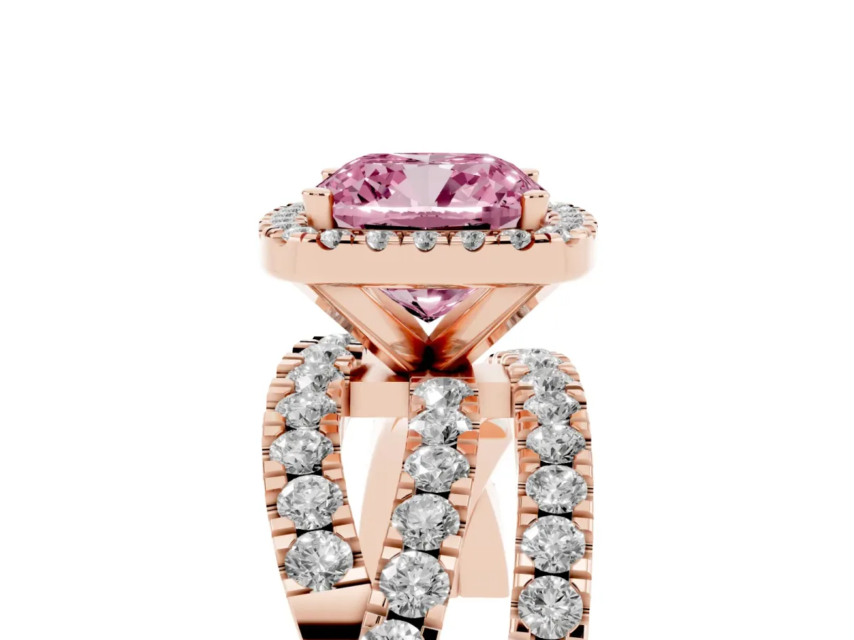 Fancy Pink Cushion Cut Diamond Halo Ring with Round Split Shank and Prong Setting Rose gold