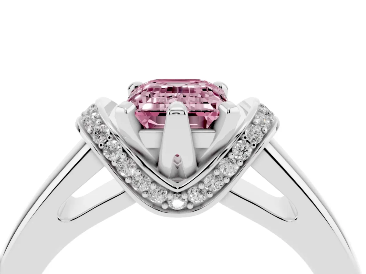 Fancy Pink Emerald Cut Solitaire Diamond Ring with Pave Band and Six-Prong Setting Silver