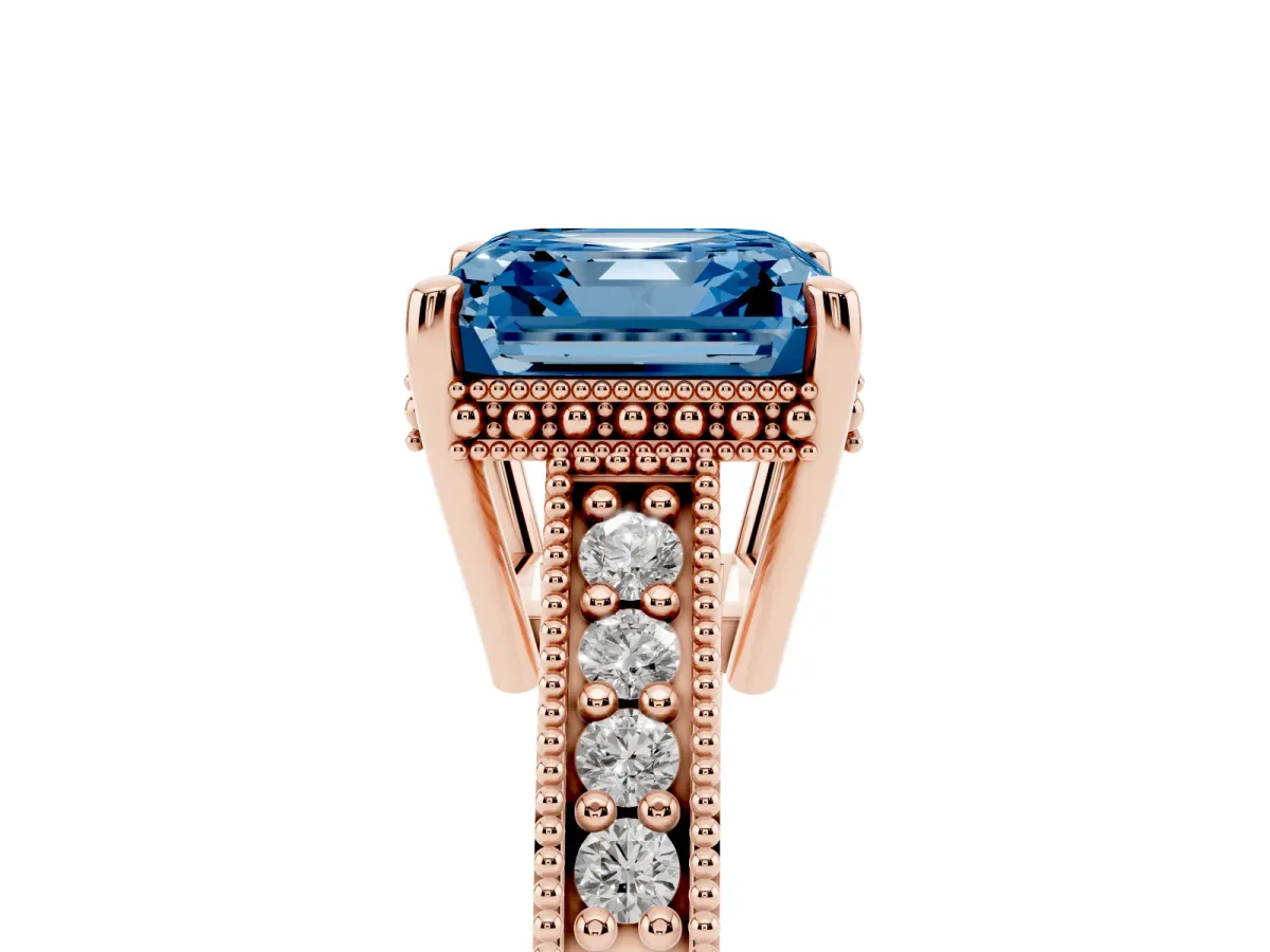 Fancy Blue Asscher Cut Solitaire Pavé Diamond Milgrain Engagement Ring with Four-Prong Setting Rose gold
