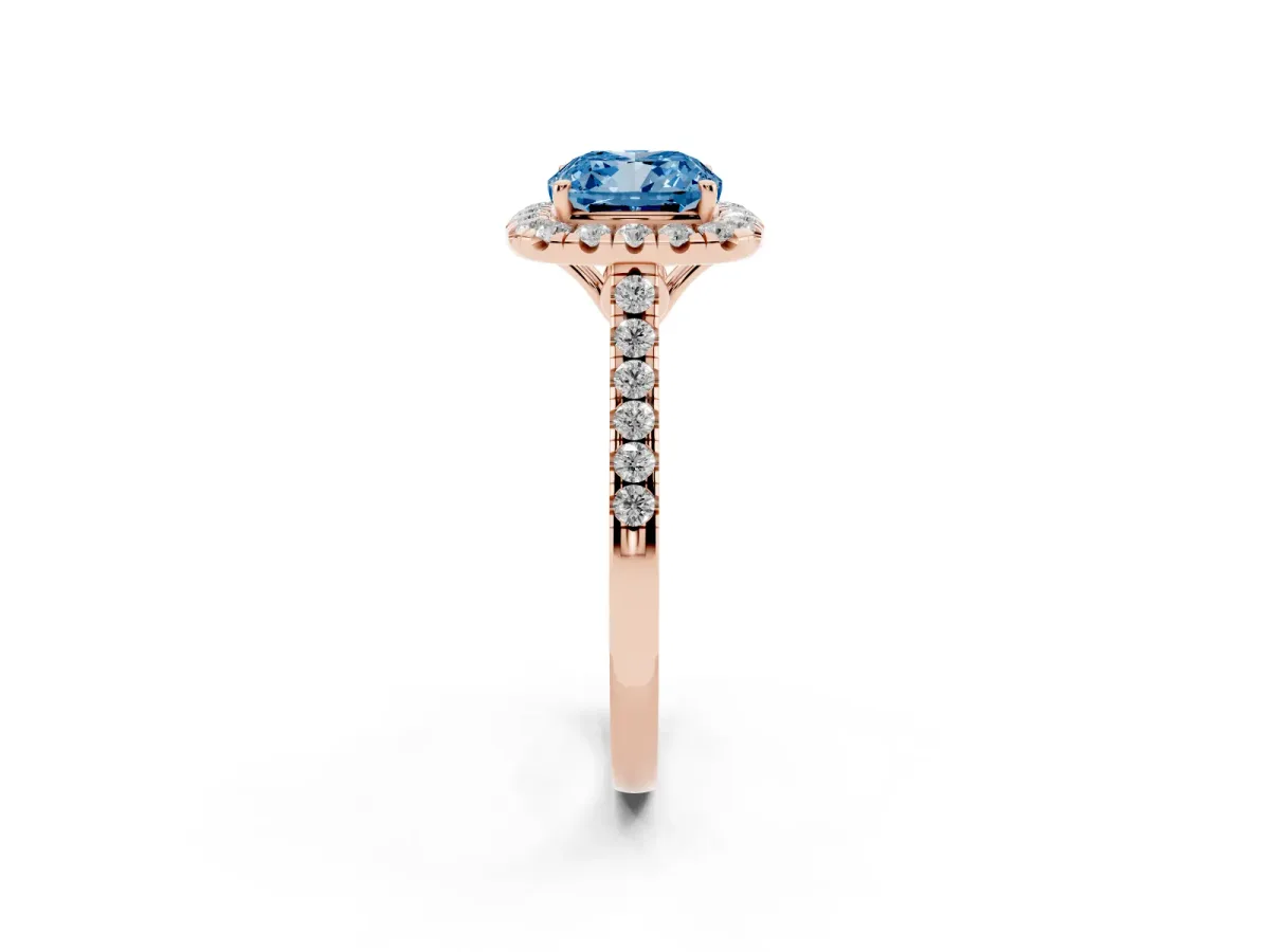 Fancy Blue Cushion Cut Halo Pavé Diamond Engagement Ring with Four-Prong Setting Rose gold
