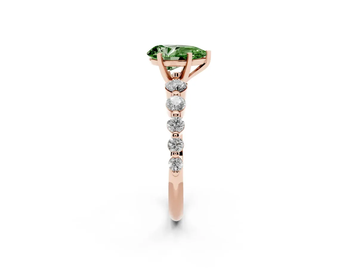 Fancy Green Pear Cut Solitaire Diamond Ring with Pave Band and Four-Prong Setting Rose gold