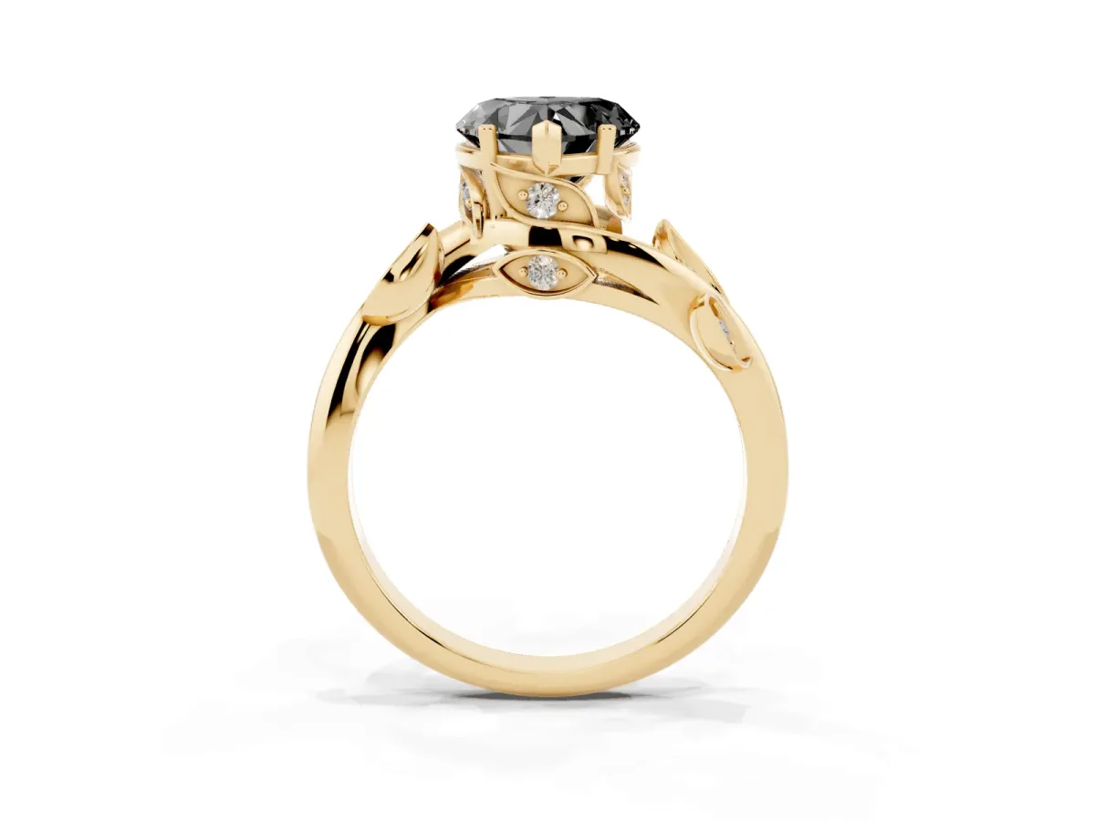 Fancy Black Heart Cut Solitaire Twist Engagement Ring with Leaf Accents and Prong Setting Yellow gold