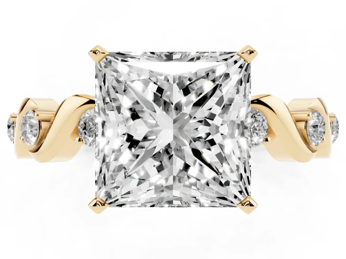 Princess Cut Diamond Solitaire Twisted Band with Round Accents and Prong Setting Yellow gold