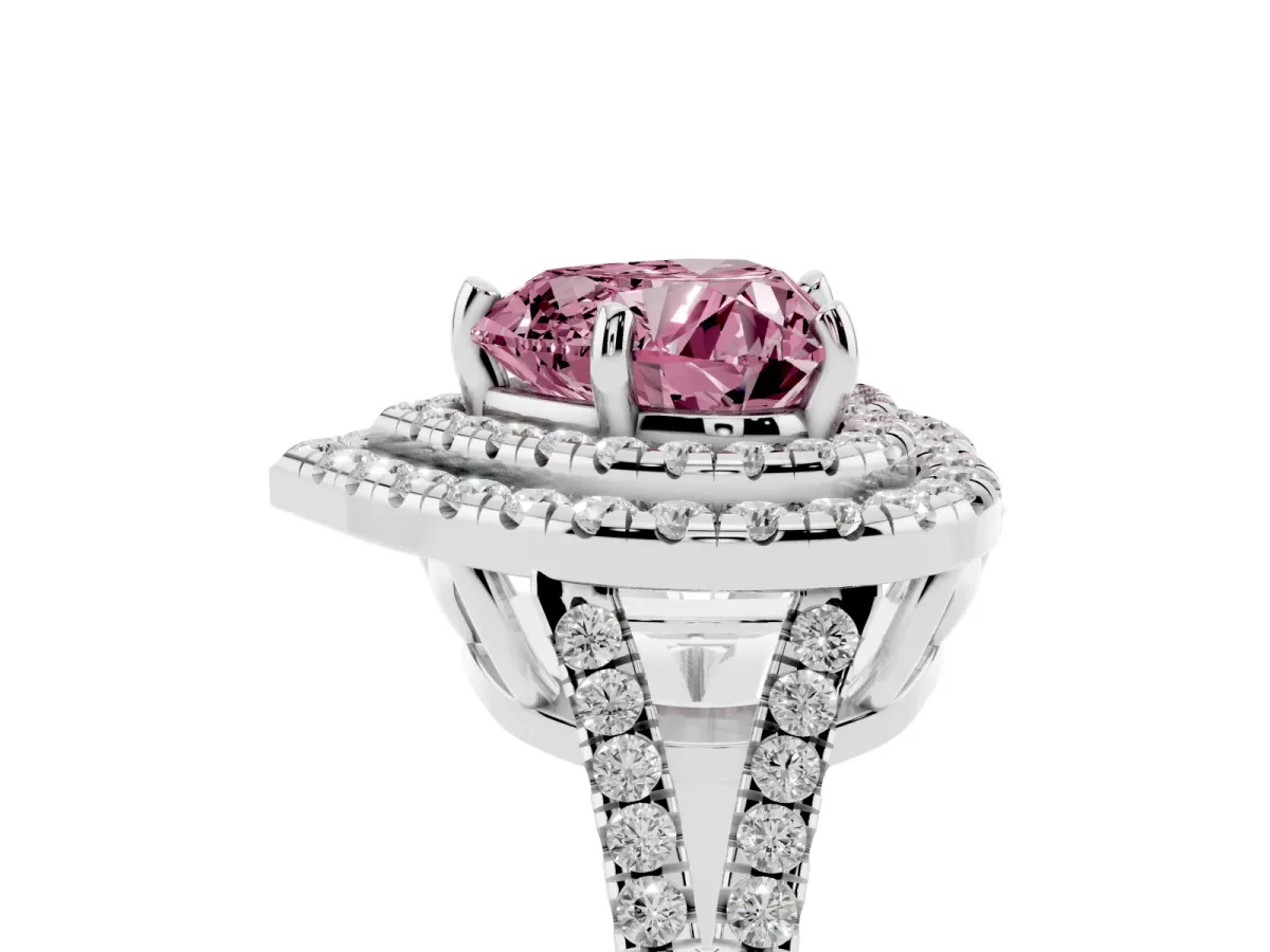 Fancy Pink Heart Cut Diamond Double Halo Ring with Pavé Band and Prong Setting Silver