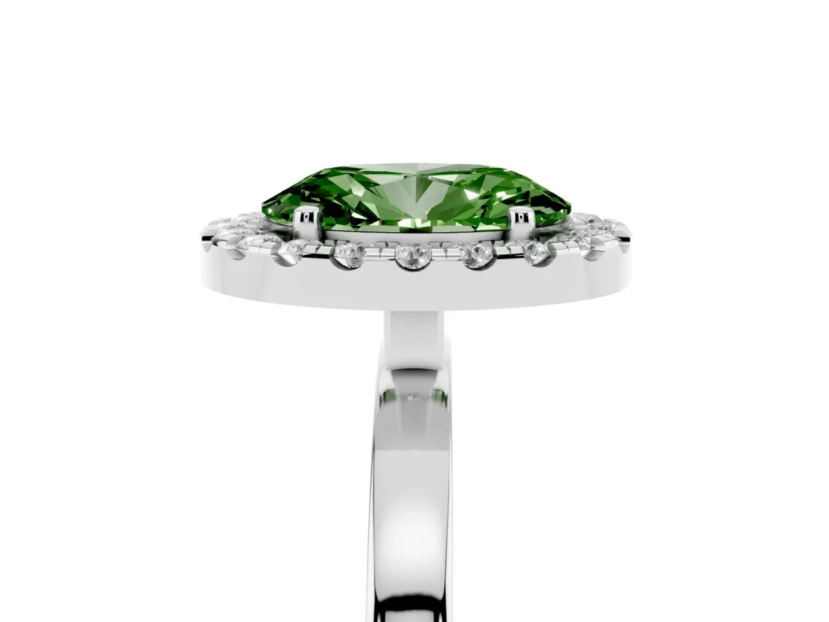Fancy Green Oval Cut Halo Diamond Solitaire with Pavé Band and Four-Prong Setting White gold