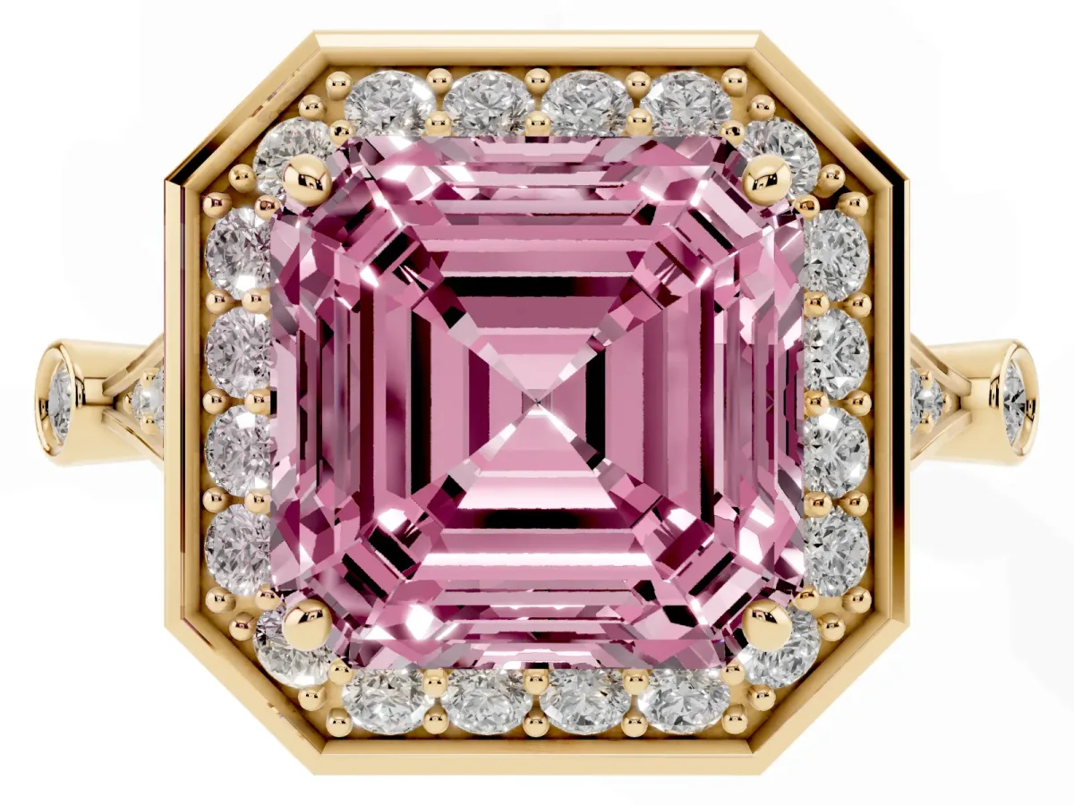 Fancy Pink Asscher Cut Halo Diamond Engagement Ring with Twisted Band and Four-Prong Setting Yellow gold