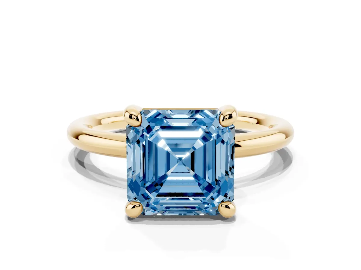 Fancy Blue Asscher Cut Solitaire Diamond Ring with Four-Prong Setting on a Plain Band Yellow gold