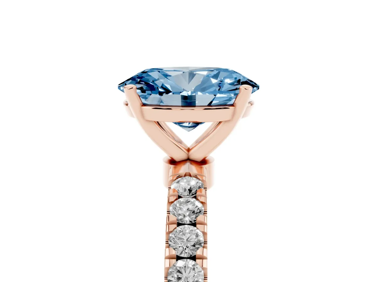 Fancy Blue Oval Cut Diamond Solitaire Ring with Pavé Accents and Four-Prong Setting Rose gold
