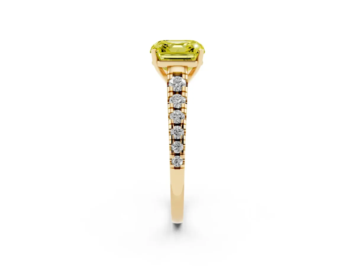 Fancy Yellow Asscher Cut Diamond Cathedral Solitaire Ring with Round Pavé Band Yellow gold