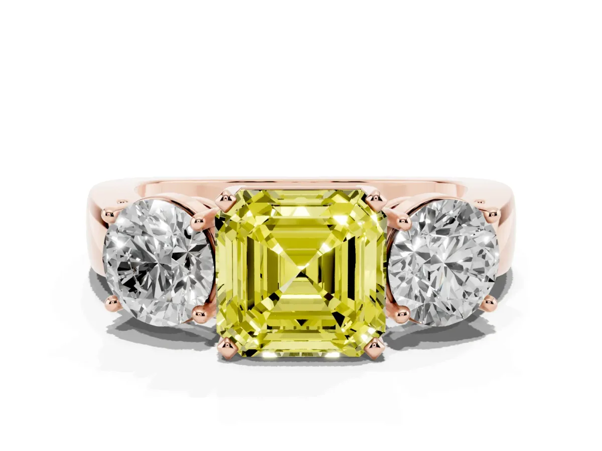 Fancy Yellow Three-Stone Asscher Cut Diamond Ring with Round Side Stones, Classic Band, and Four-Prong Setting Rose gold