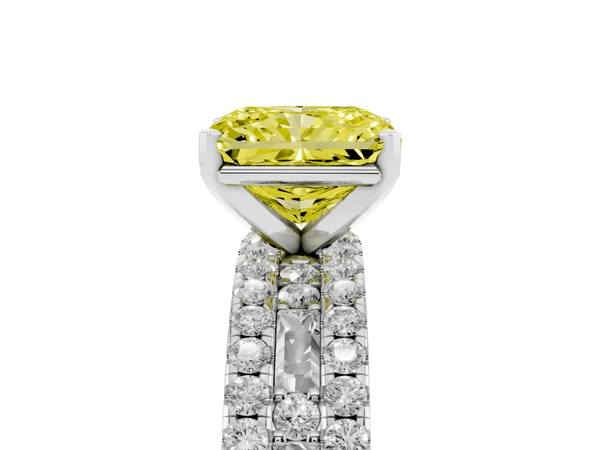 Fancy Yellow Radiant Cut Diamond Solitaire Ring with Pavé and Channel Set Band Platinum