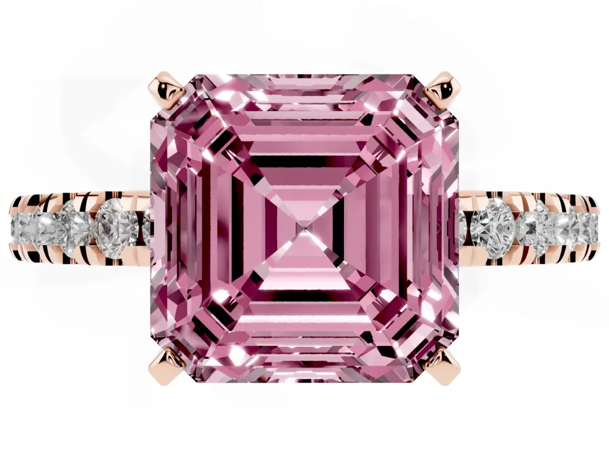 Fancy Pink Asscher Cut Solitaire Diamond with Pavé Band and Four-Prong Setting Rose gold