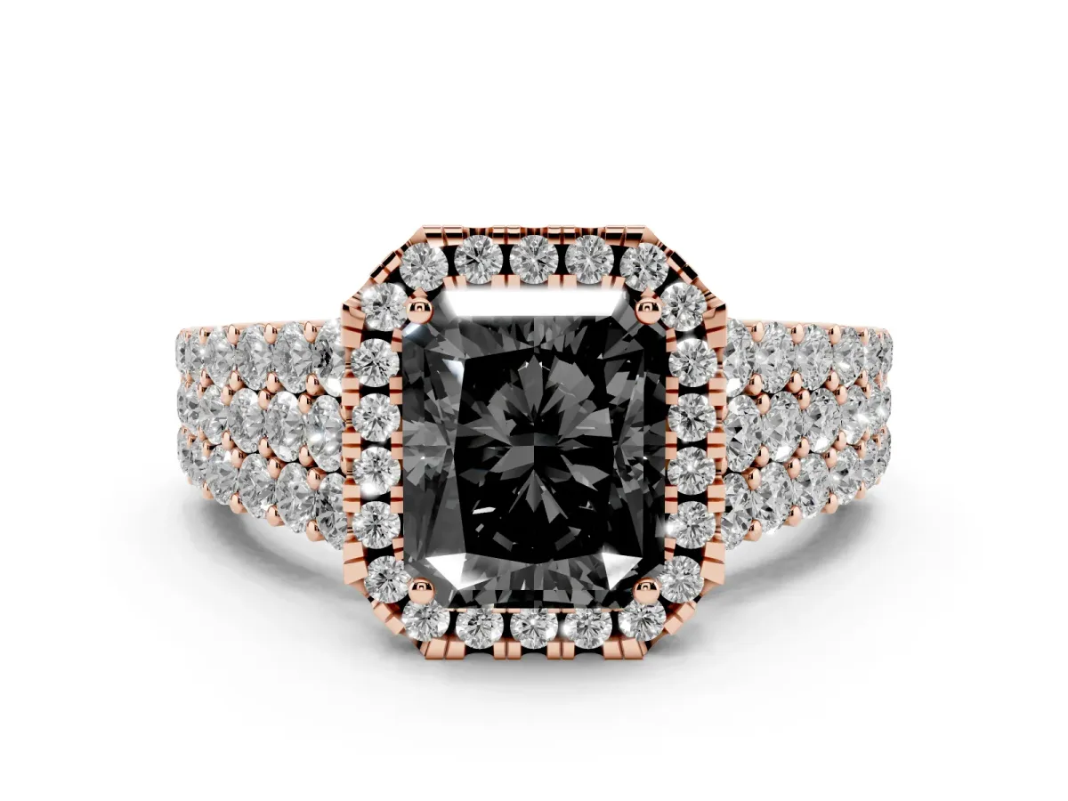 Fancy Black Radiant Cut Diamond Halo Engagement Ring with Triple Row Round Pavé Band and Prong Setting Rose gold
