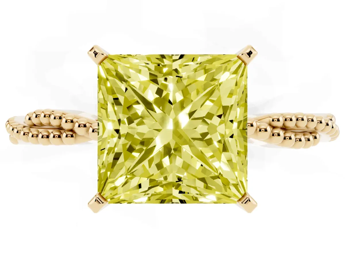 Fancy Yellow Princess Cut Solitaire Twisted Band with Bead Prong Setting Yellow gold