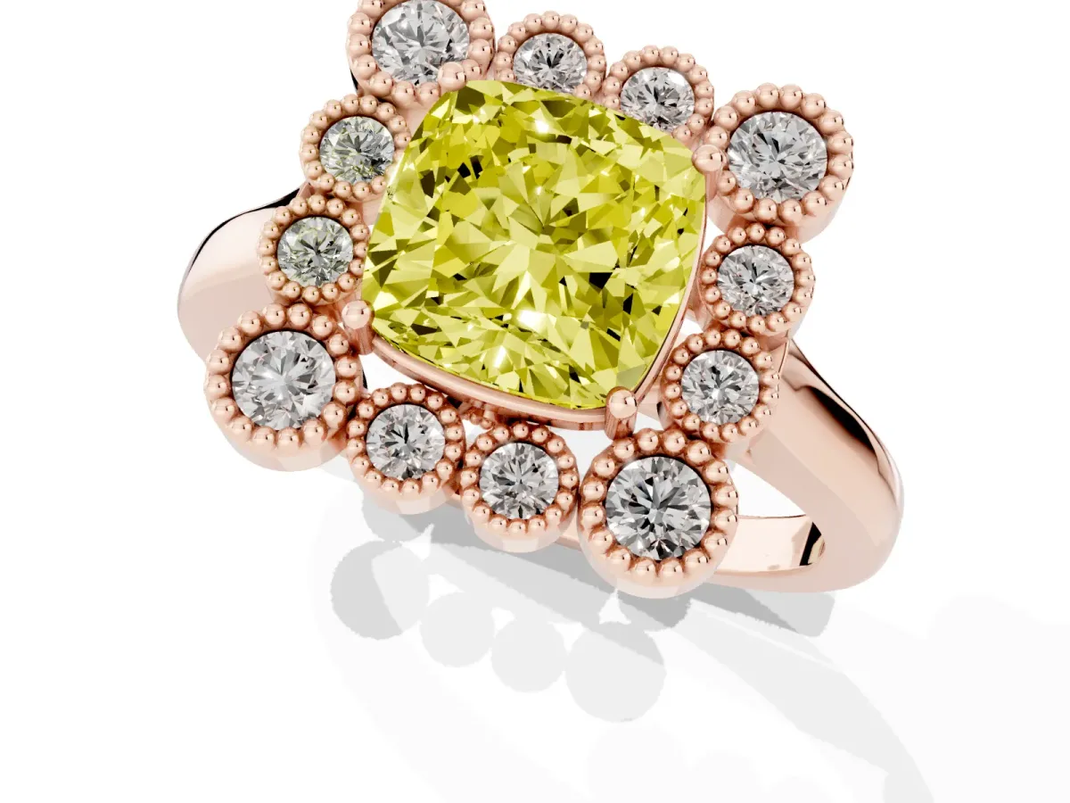 Fancy Yellow Cushion Cut Halo Diamond Cluster Engagement Ring with Milgrain Bezel Setting and Solitaire Band Rose gold