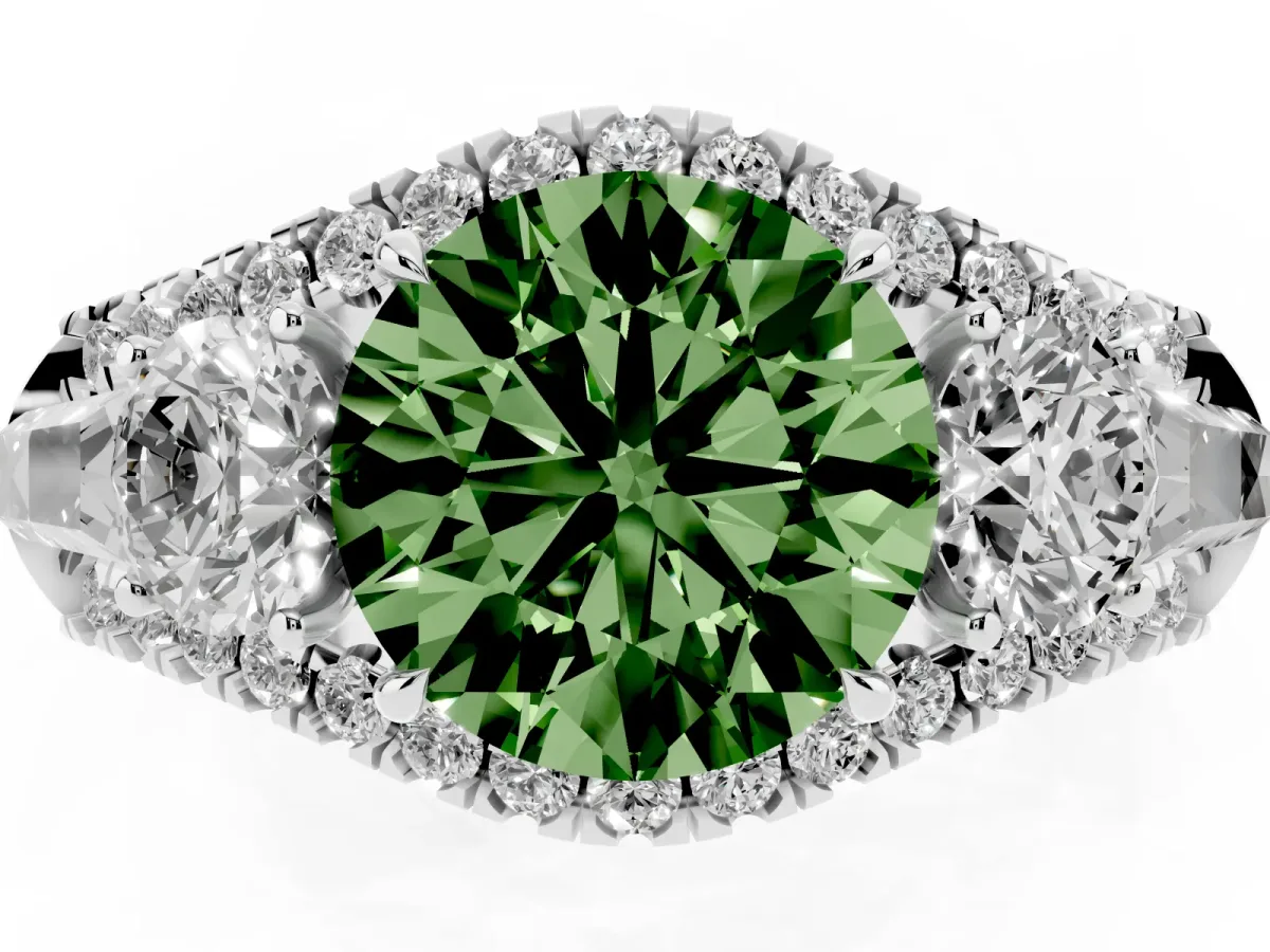 Fancy Green Three-Stone Round Cut Diamond Engagement Ring with Pave Band and Prong Setting Silver