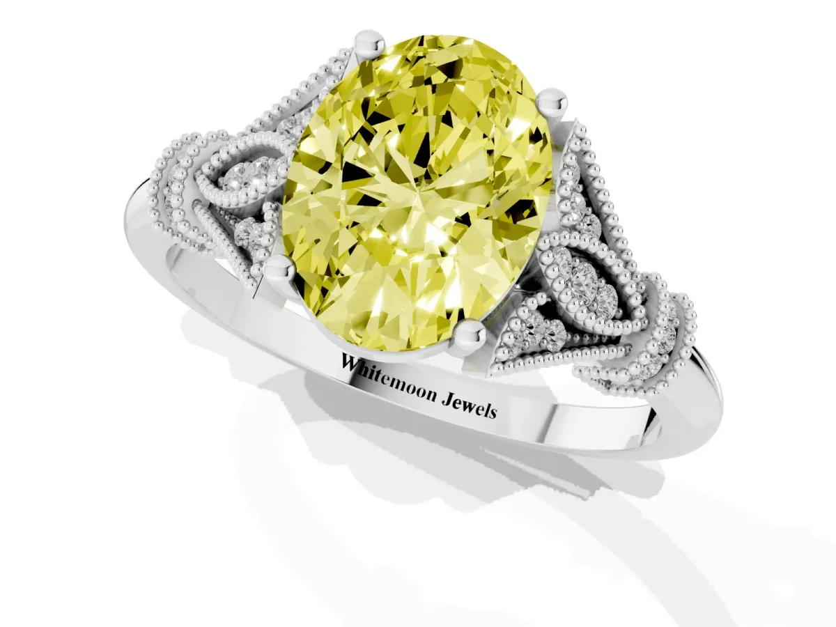Fancy Yellow Oval Cut Diamond Solitaire Ring with Floral Filigree and Pave Accents White gold