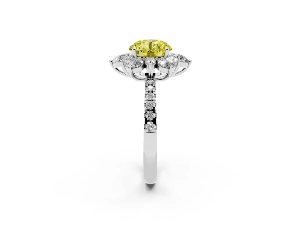Fancy Yellow Round Cut Diamond Floral Halo Ring with Round Pavé Band and Prong Setting Silver