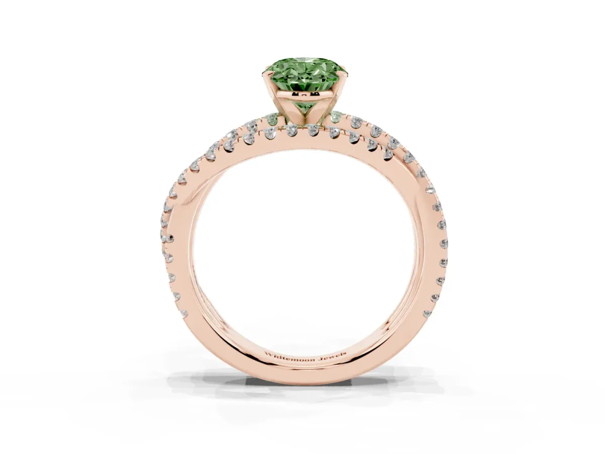 Fancy Green Oval Cut Solitaire Twist Band with Pavé Setting and Four-Prong Setting Rose gold