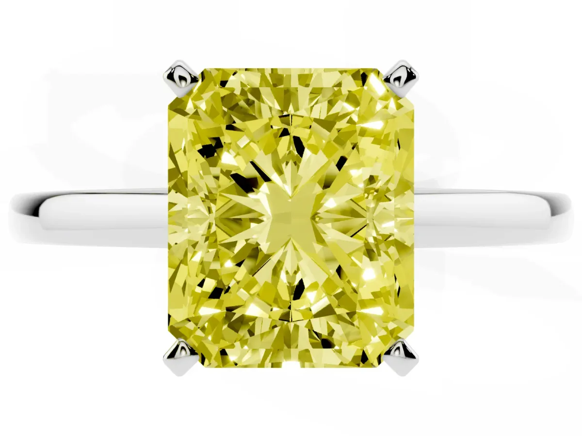 Fancy Yellow Radiant Cut Solitaire Diamond Engagement Ring with Four-Prong Setting on a Classic Band White gold