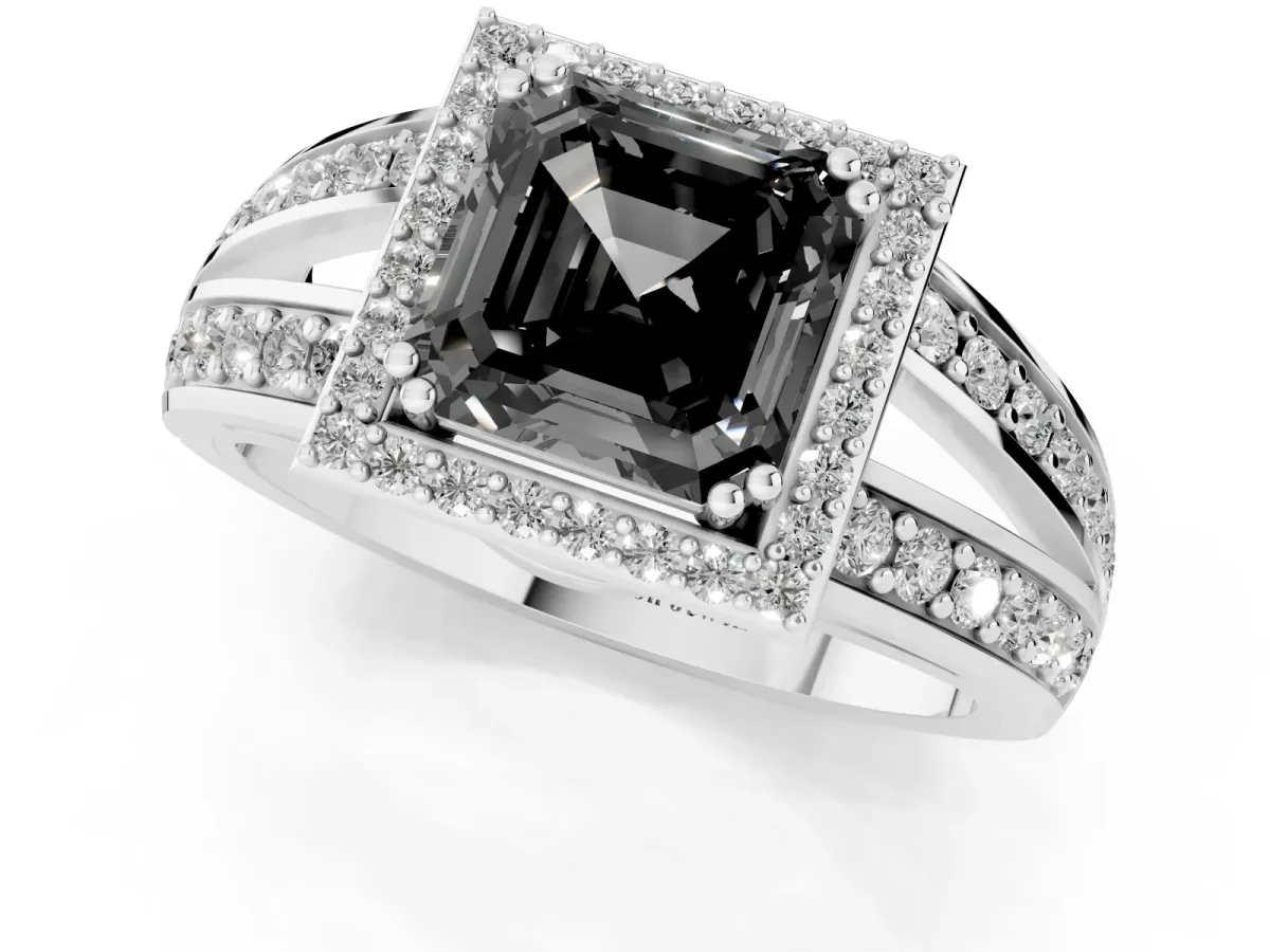 Fancy Black Asscher Cut Diamond Halo Ring with Split Shank Pavé Band and Four-Prong Setting Silver