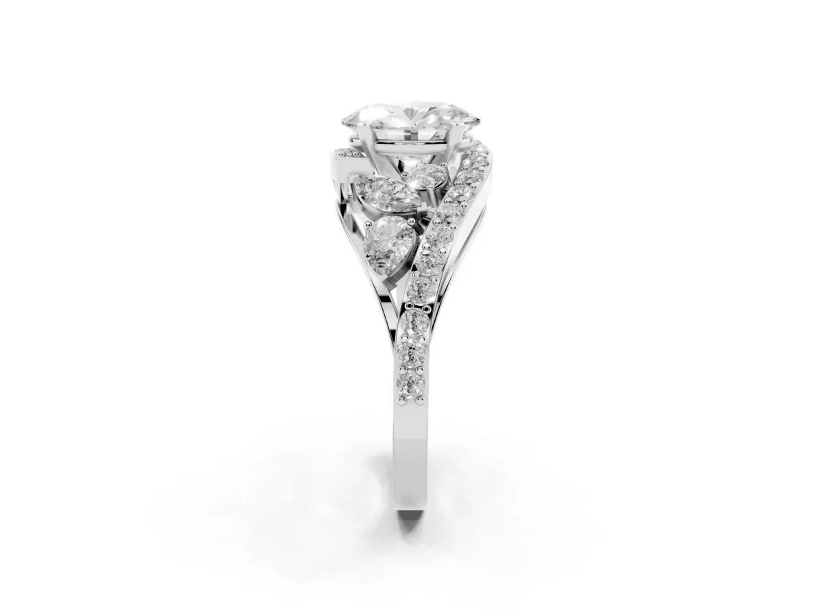 Oval Cut Diamond Halo Ring with Marquise and Pavé Band in Prong Setting Platinum