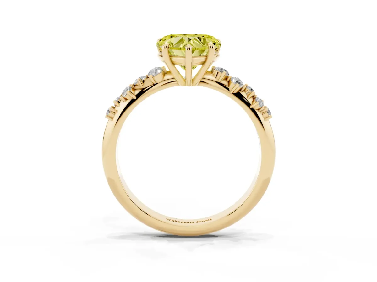 Fancy Yellow Heart Cut Diamond Cluster Side Stone Solitaire Ring with Prong Setting Yellow gold