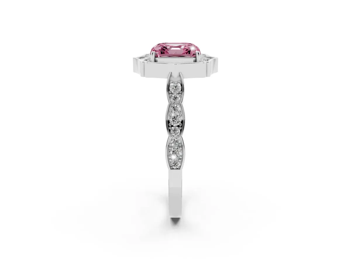 Fancy Pink Asscher Cut Halo Diamond Engagement Ring with Milgrain Band and Four-Prong Setting White gold