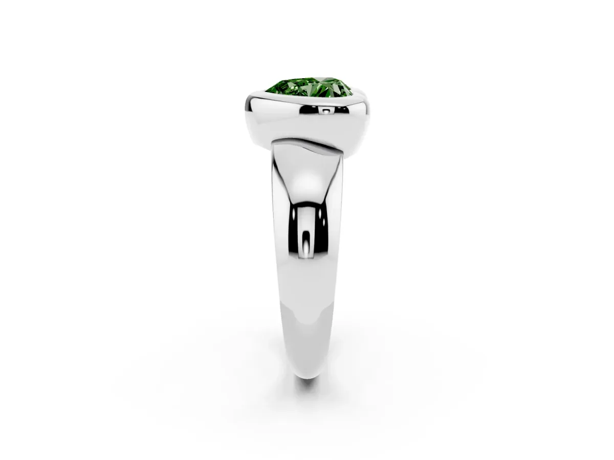 Fancy Green Bezel Set Heart Cut Solitaire Ring with Wide Band Platinum