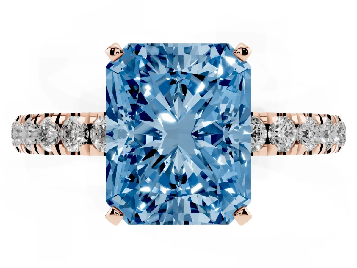 Fancy Blue Radiant Cut Diamond Solitaire Ring with Pavé Accents and Four-Prong Setting Rose gold