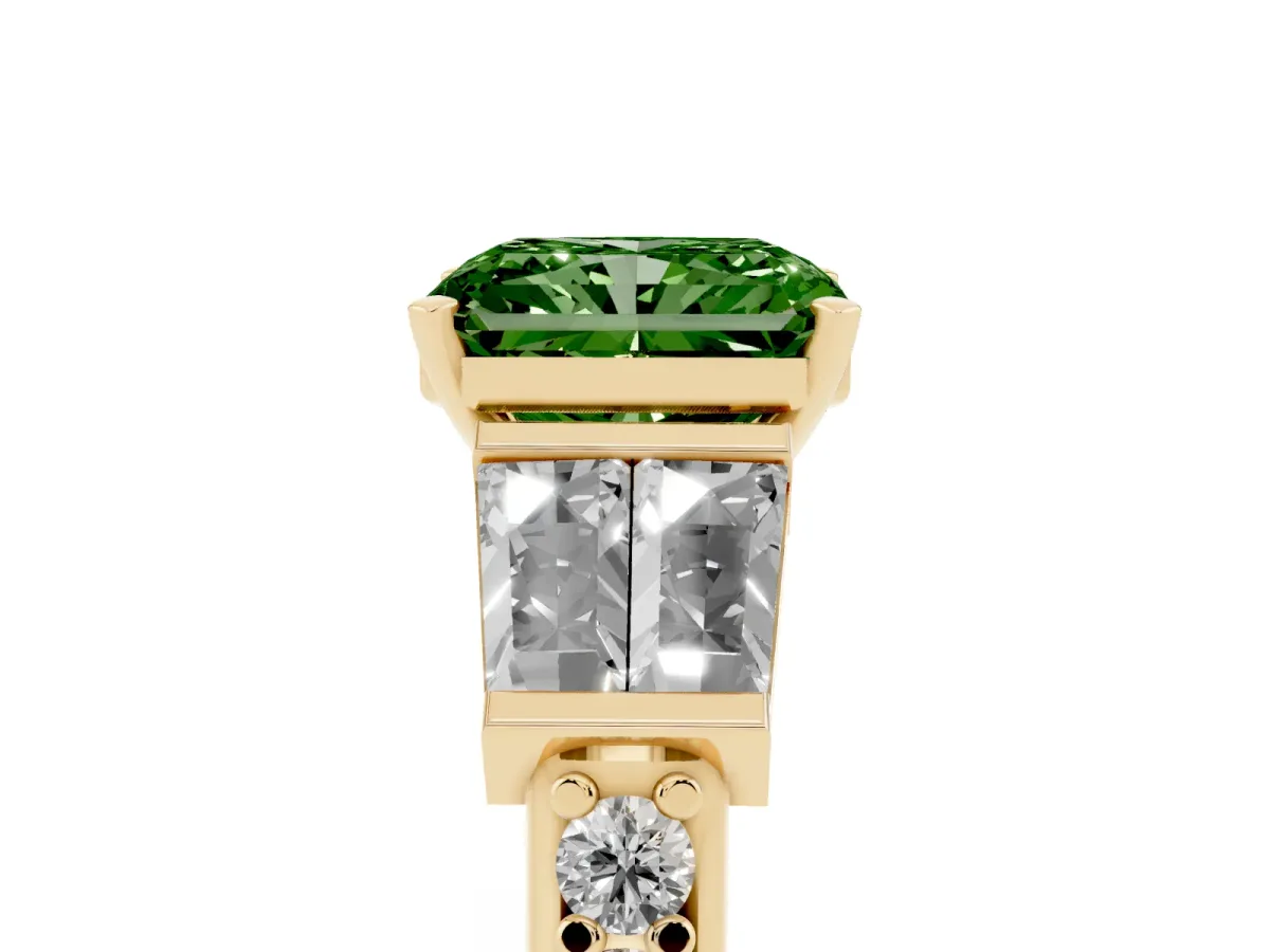 Fancy Green Radiant Cut Diamond Engagement Ring with Baguette Side Stones and Channel Set Band Yellow gold