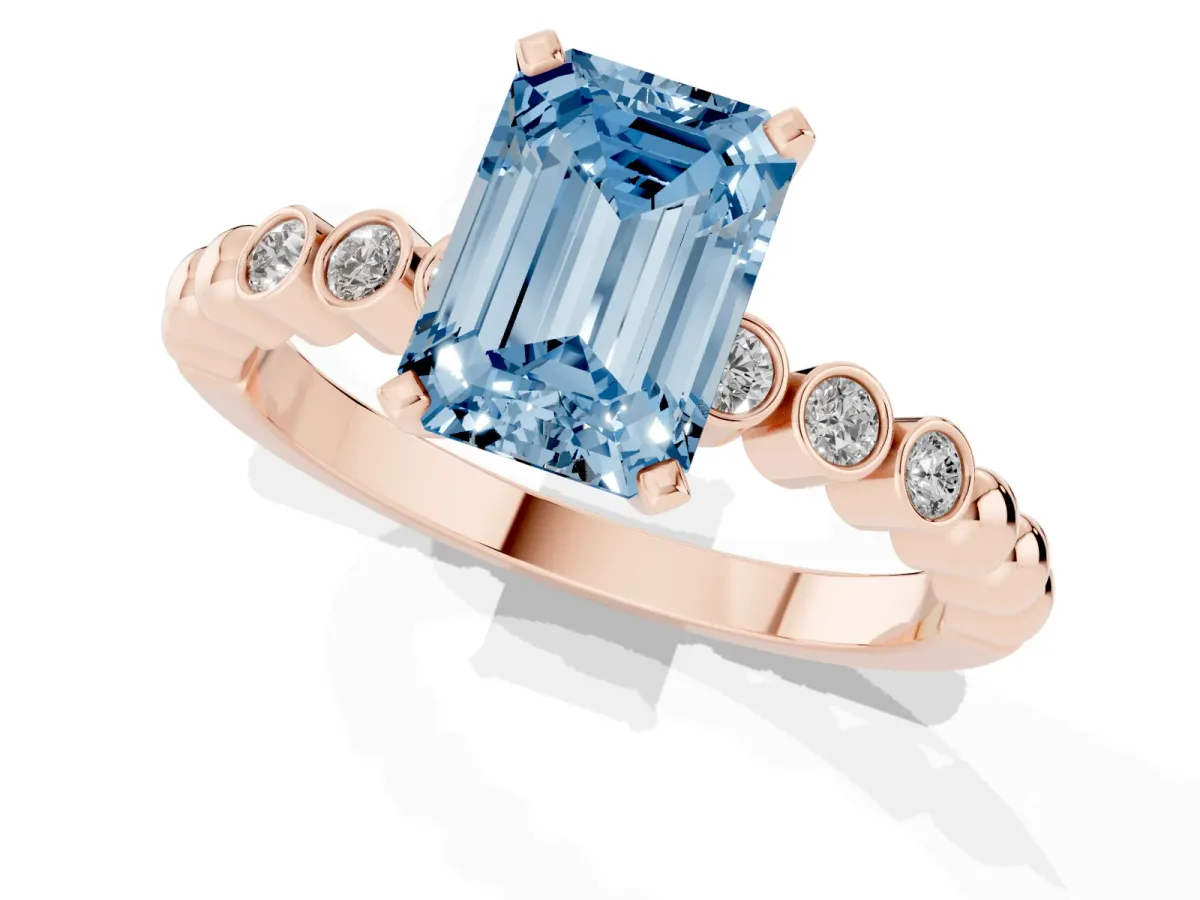 Fancy Blue Emerald Cut Solitaire Bezel Accent Diamond Engagement Ring with Beaded Band and Four-Prong Setting Rose gold