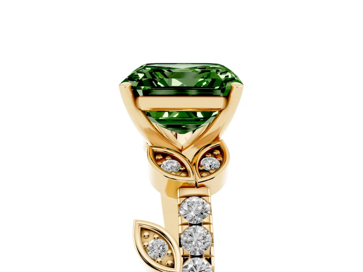 Fancy Green Asscher Cut Solitaire Leaf-Inspired Diamond Ring with Pavé Band and Four-Prong Setting Yellow gold