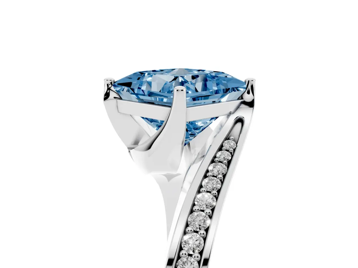 Fancy Blue Princess Cut Solitaire Diamond Twist Band with Pavé Setting and Four-Prong Setting Silver