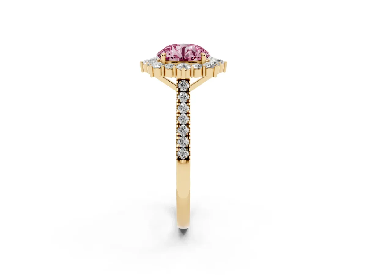 Fancy Pink Round Cut Halo Diamond Ring with Pavé Band and Prong Setting Yellow gold