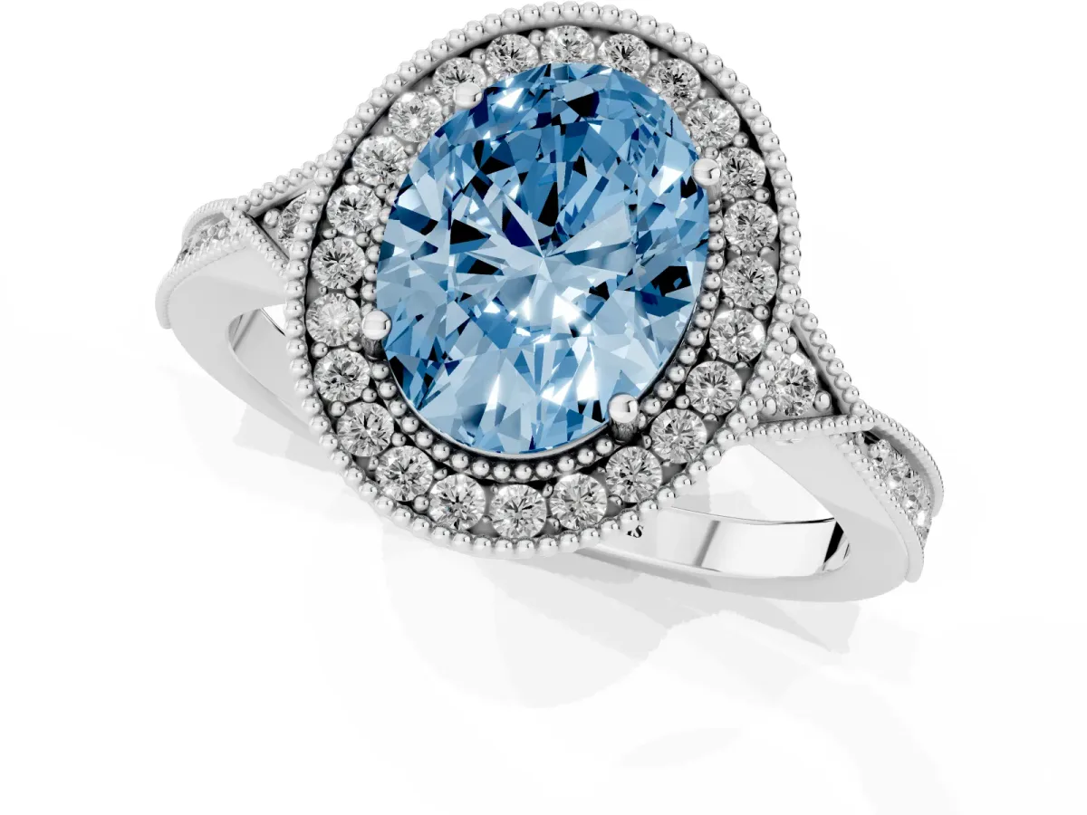 Fancy Blue Oval Cut Halo Round Diamond Milgrain Pave Engagement Ring Silver