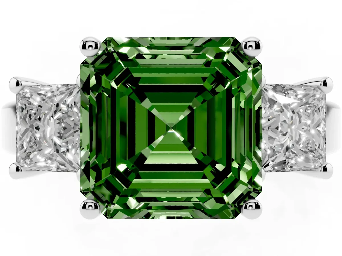 Fancy Green Three-Stone Asscher Cut Cut Solitaire Ring with Prong Setting Silver