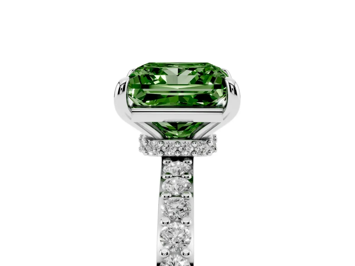 Fancy Green Princess Cut Diamond Solitaire Engagement Ring with Pavé Band and Four-Prong Setting Platinum