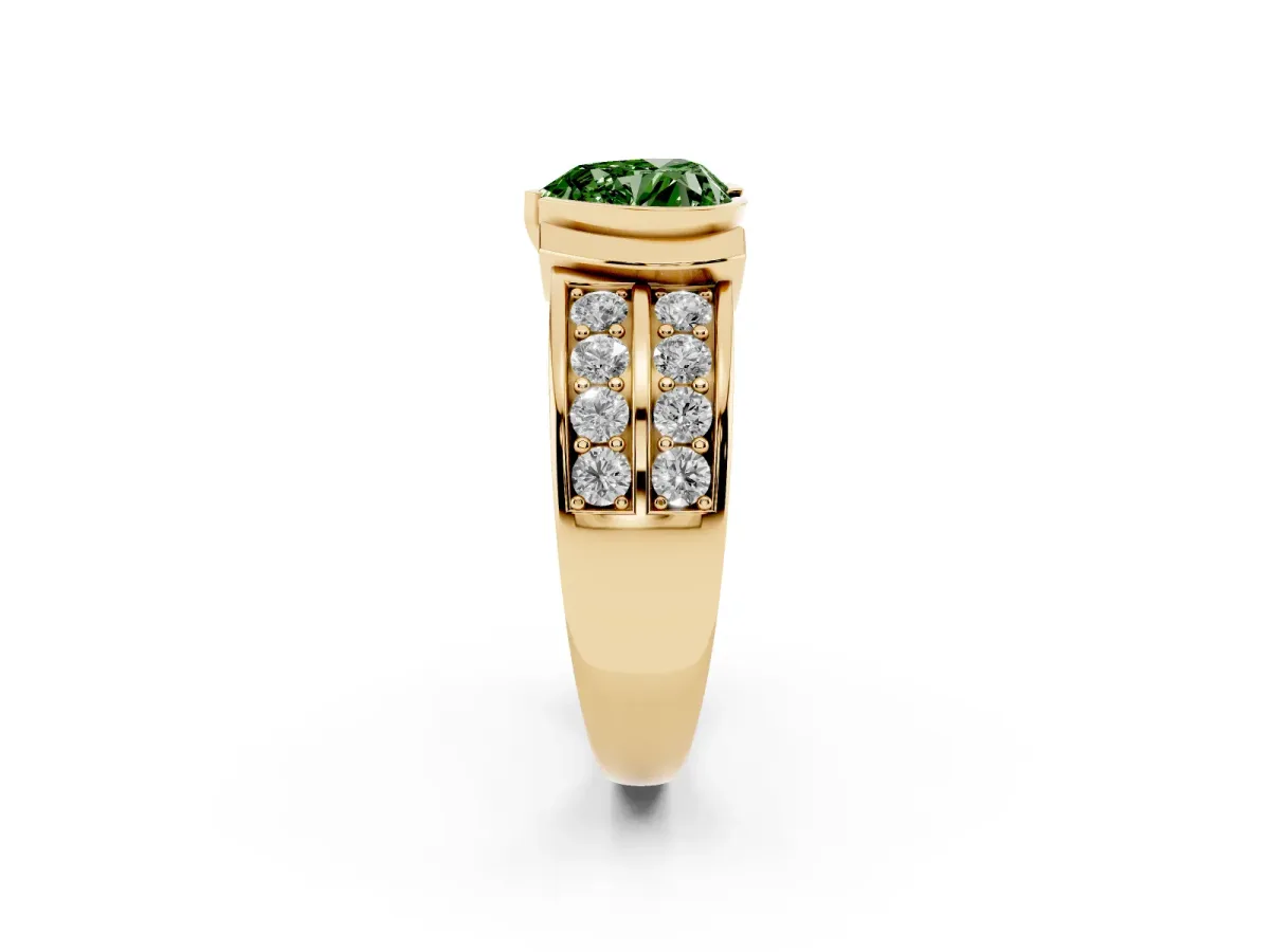 Fancy Green Heart Cut Brilliant Diamond Channel Set Wide Band Ring with Bezel Setting Yellow gold