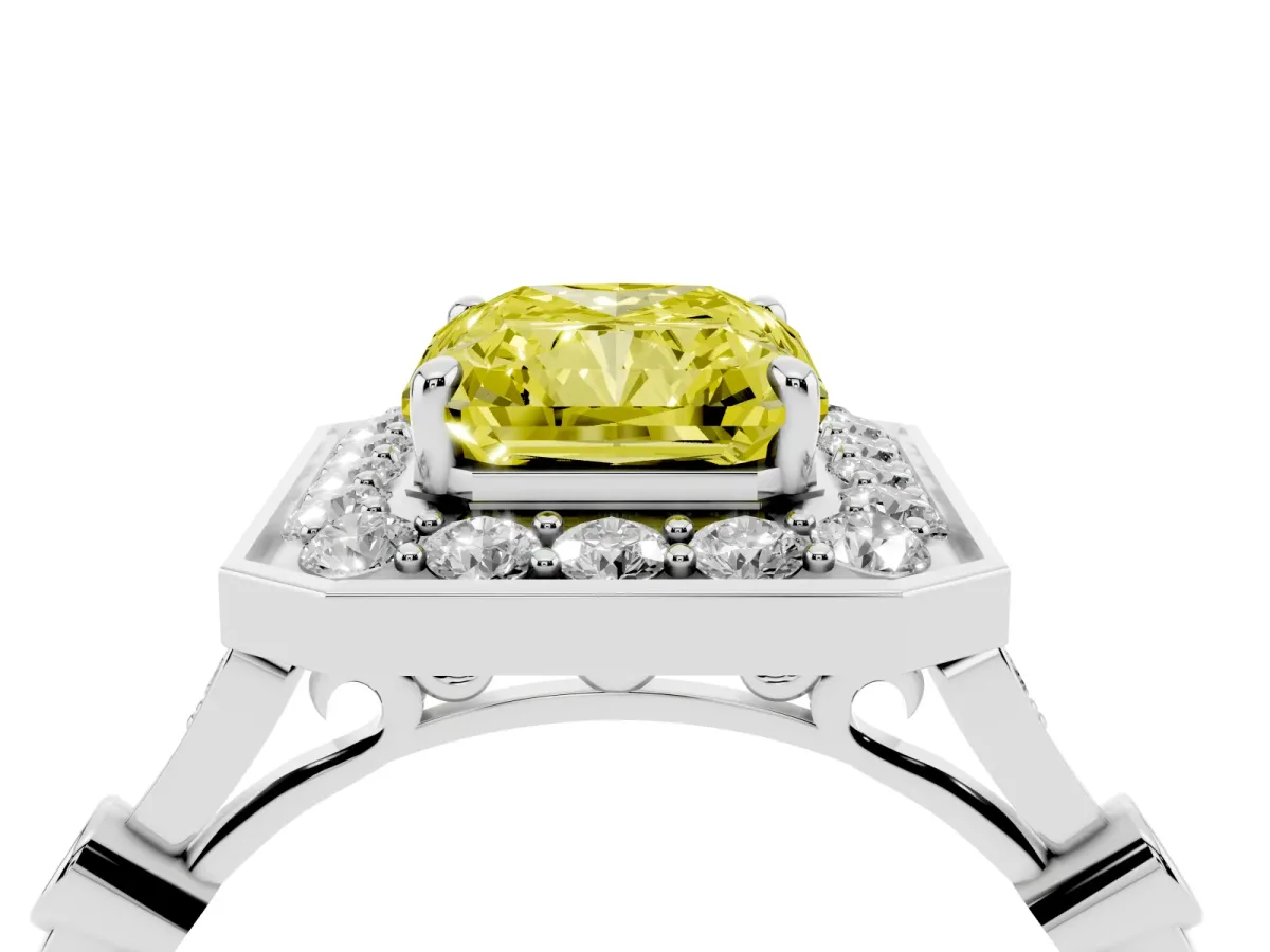 Fancy Yellow Radiant Cut Halo Diamond Engagement Ring with Twisted Band and Four-Prong Setting White gold
