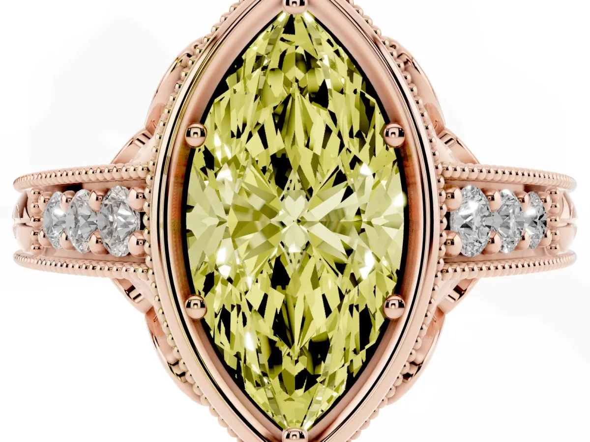 Fancy Yellow Bezel Set Marquise Cut Diamond Milgrain Pave Engagement Ring Rose gold