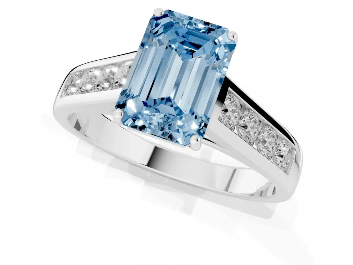 Fancy Blue Emerald Cut Brilliant Channel-Set Solitaire Ring with Four-Prong Setting Platinum