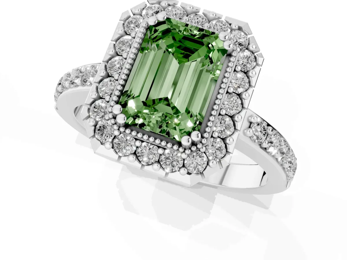 Fancy Green Emerald Cut Diamond Halo Ring with Pavé Band and Prong Setting Silver