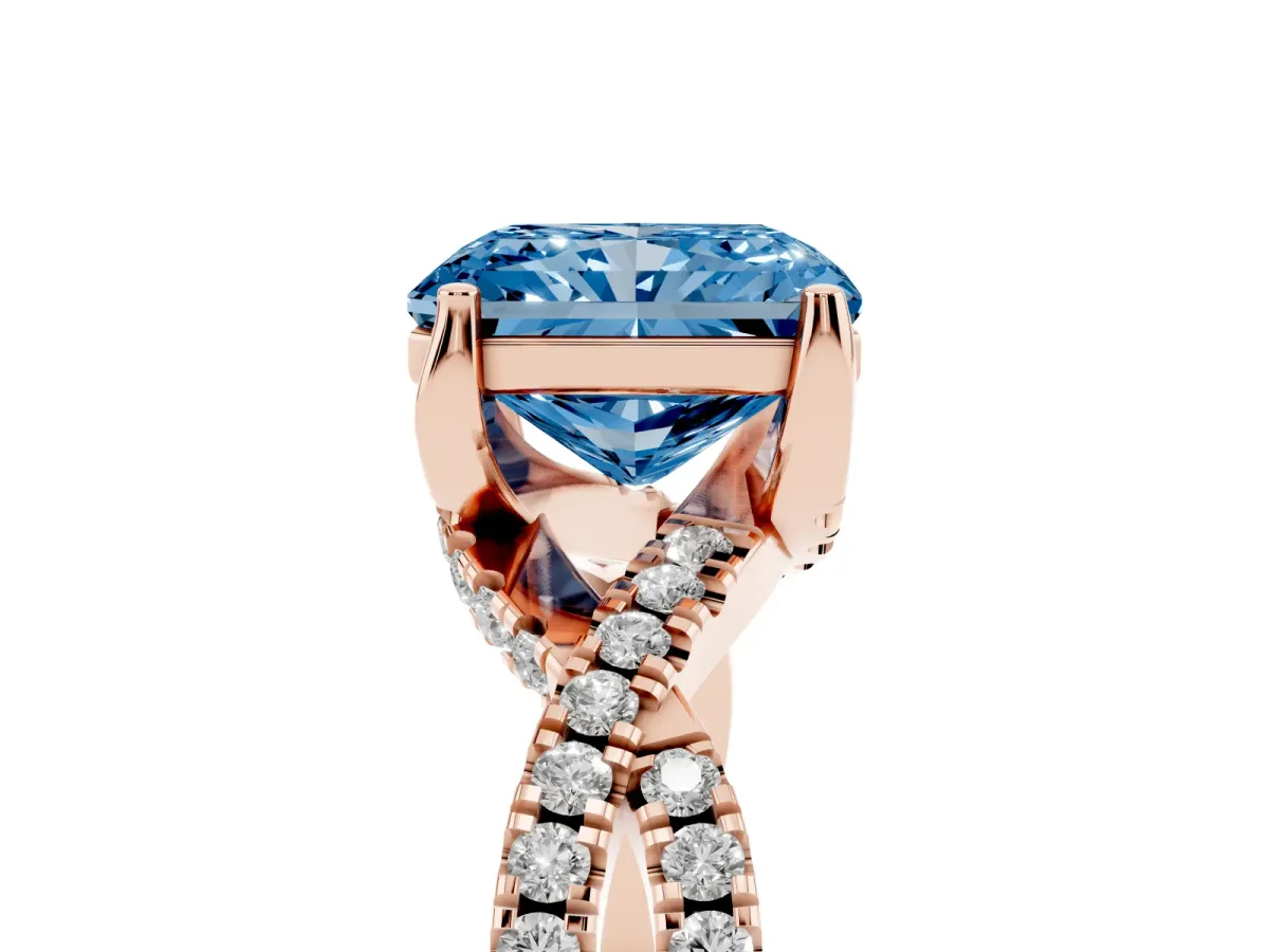 Fancy Blue Radiant Cut Solitaire Twist Pave Diamond Engagement Ring with Prong Setting Rose gold